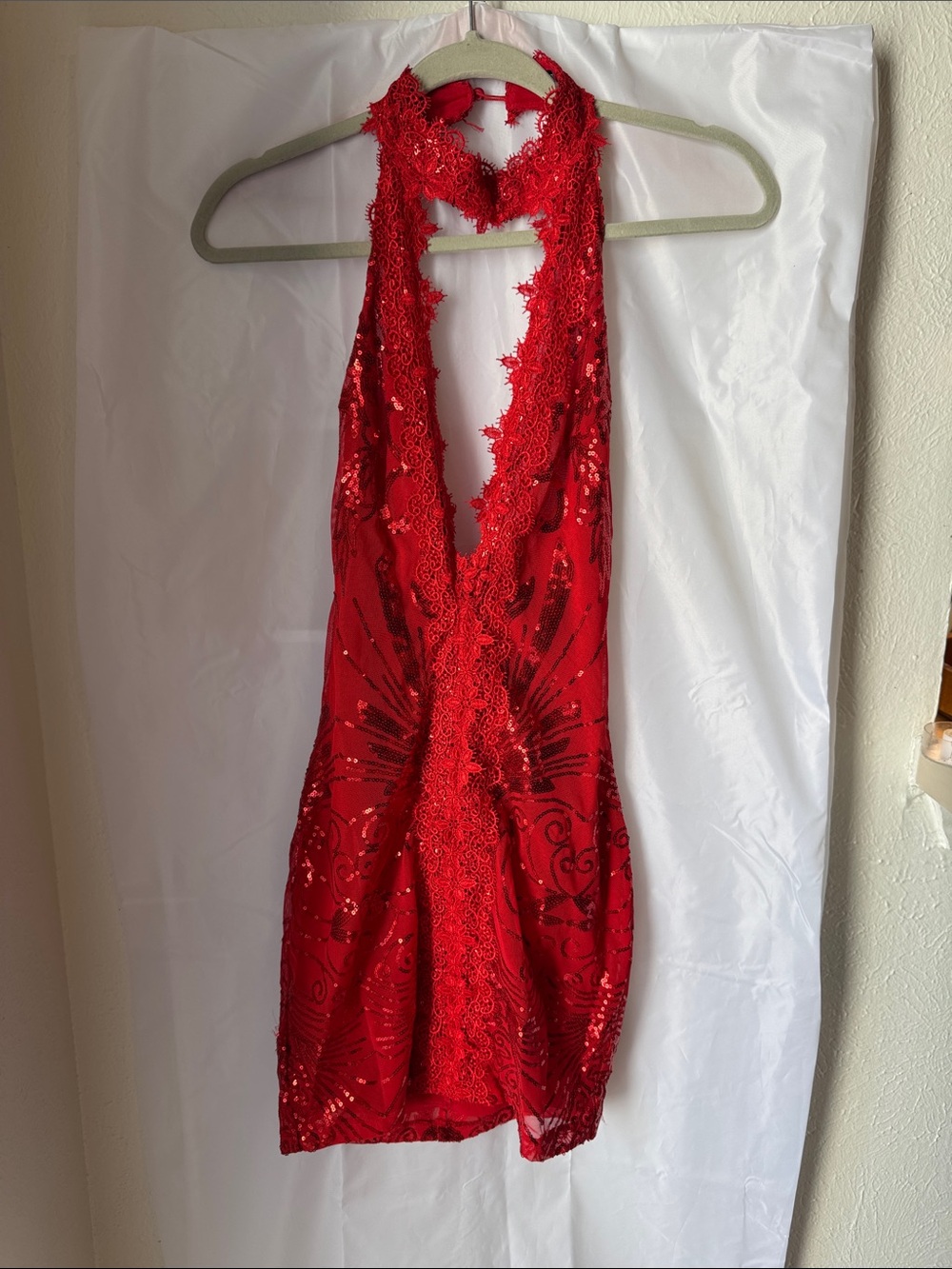 Banjul Red Lace Halter Chemise with Sequin Embellishment